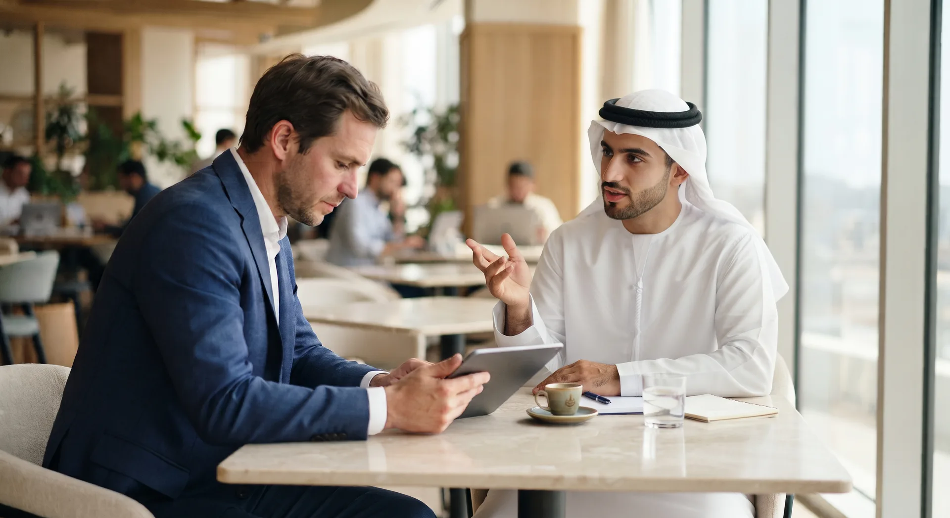 Advisor consulting with a client at a cafe